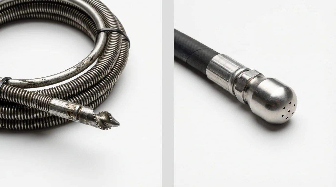 Drain snake cable and hydro jetting nozzle used for drain cleaning in Wabash, IN