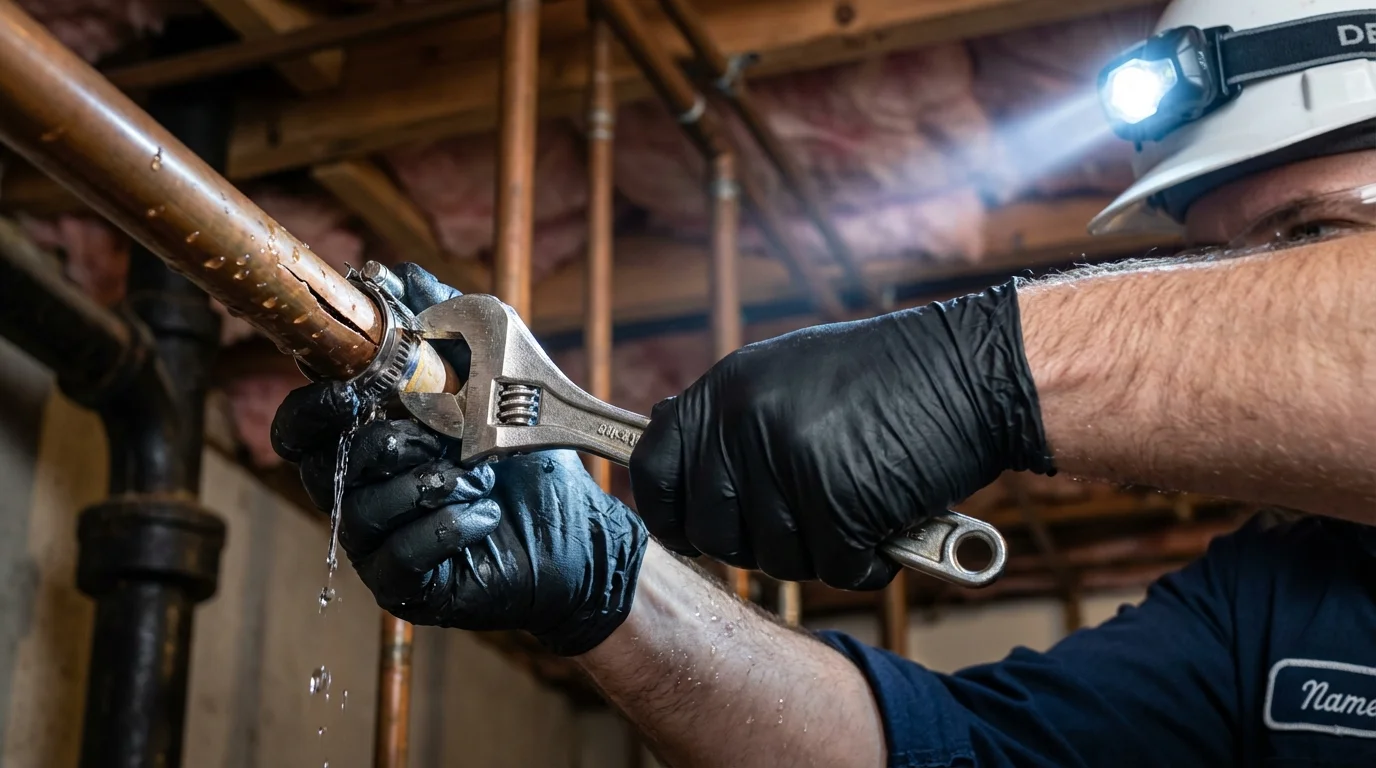 Emergency pipe clamp repair being performed by a Johns Plumbing LLC plumber in Wabash