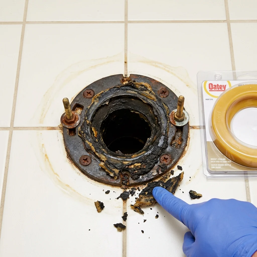 Failed wax ring showing water seepage at the base of a toilet in a Wabash, IN home