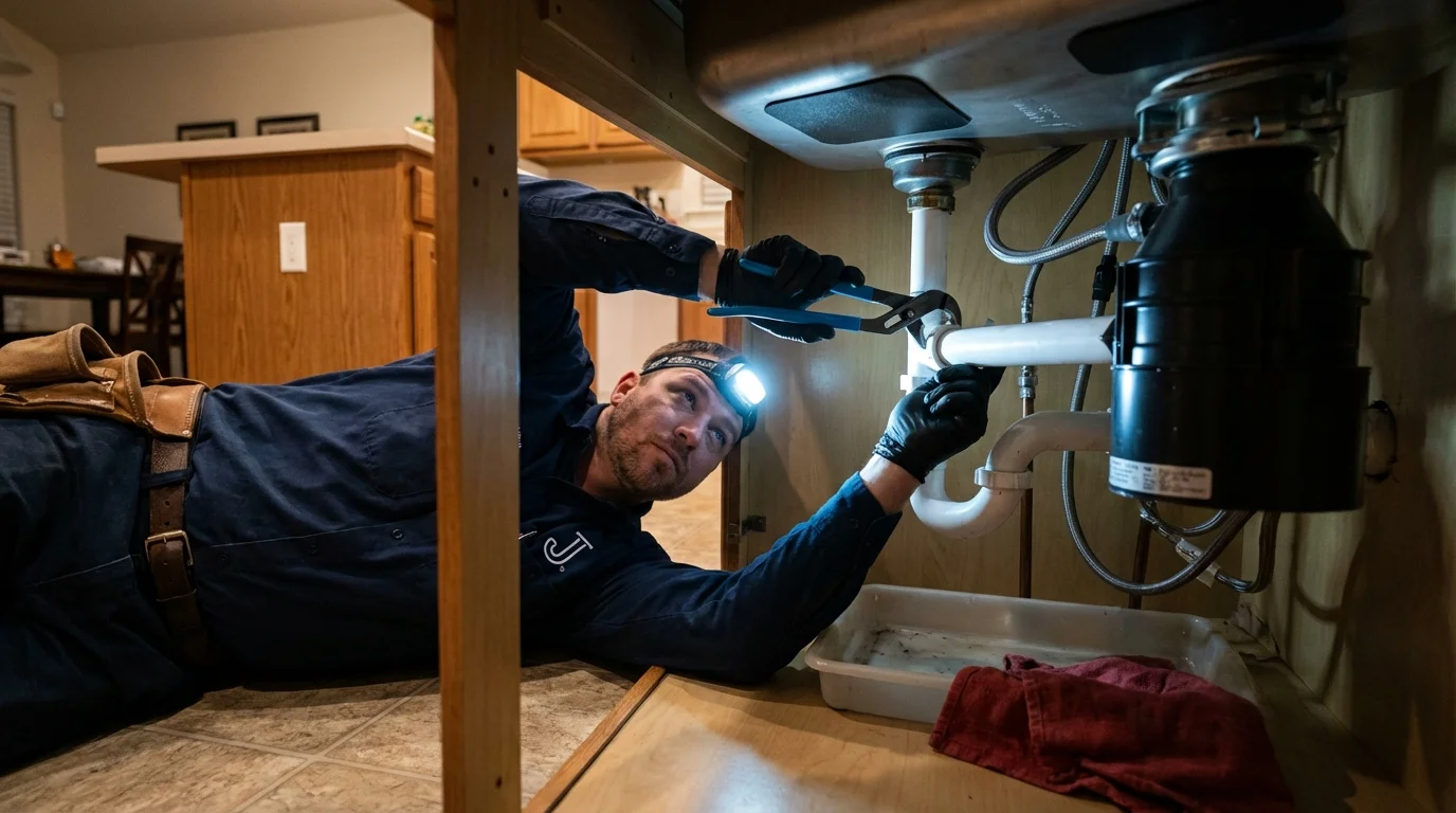 P-trap and supply line connections under a kitchen sink showing a common leak point in Wabash, IN